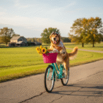 AI generated photo of a realistic dog appearing to ride a bicycle down a country lane.
