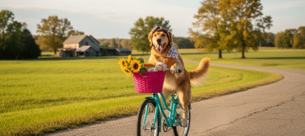 AI generated photo of a realistic dog appearing to ride a bicycle down a country lane.
